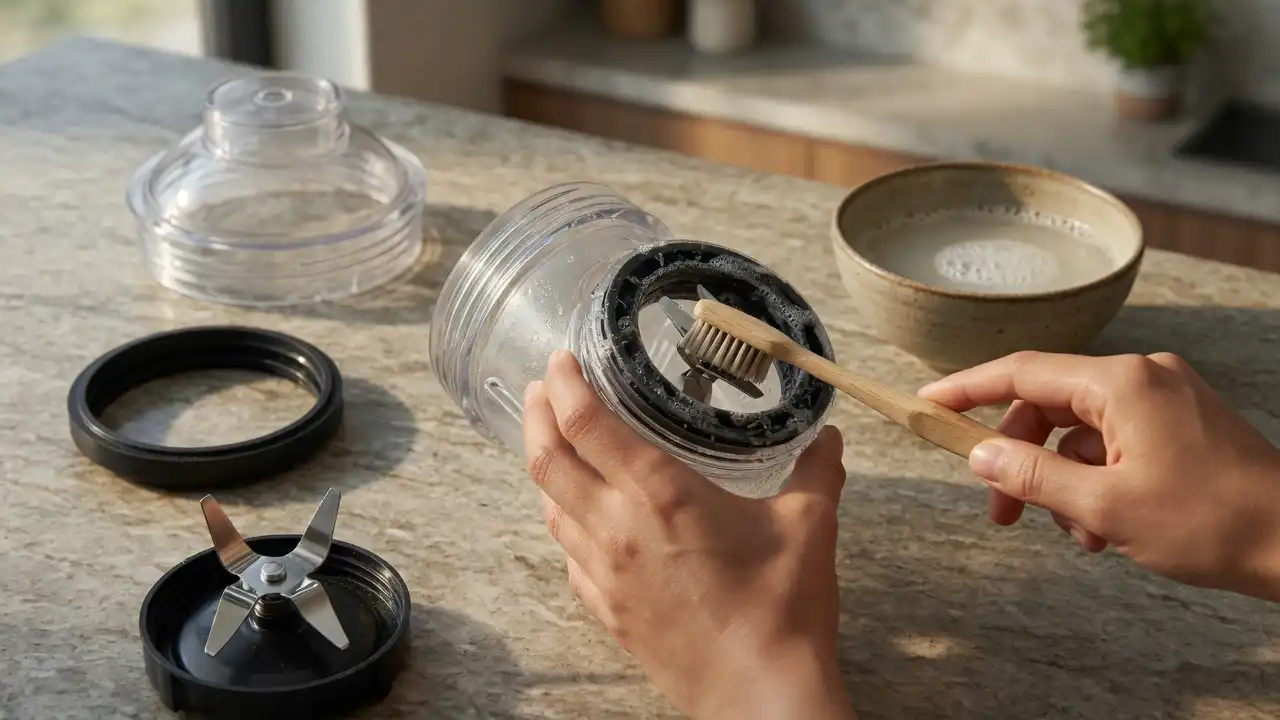 A disassembled blender gasket, lid, threaded base, and blade assembly being cleaned carefully with a soft brush.