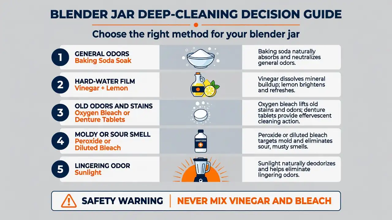 A cleaning guide matching general odors, hard-water film, old smells, sour odors, and lingering smells with suitable blender jar cleaning methods.