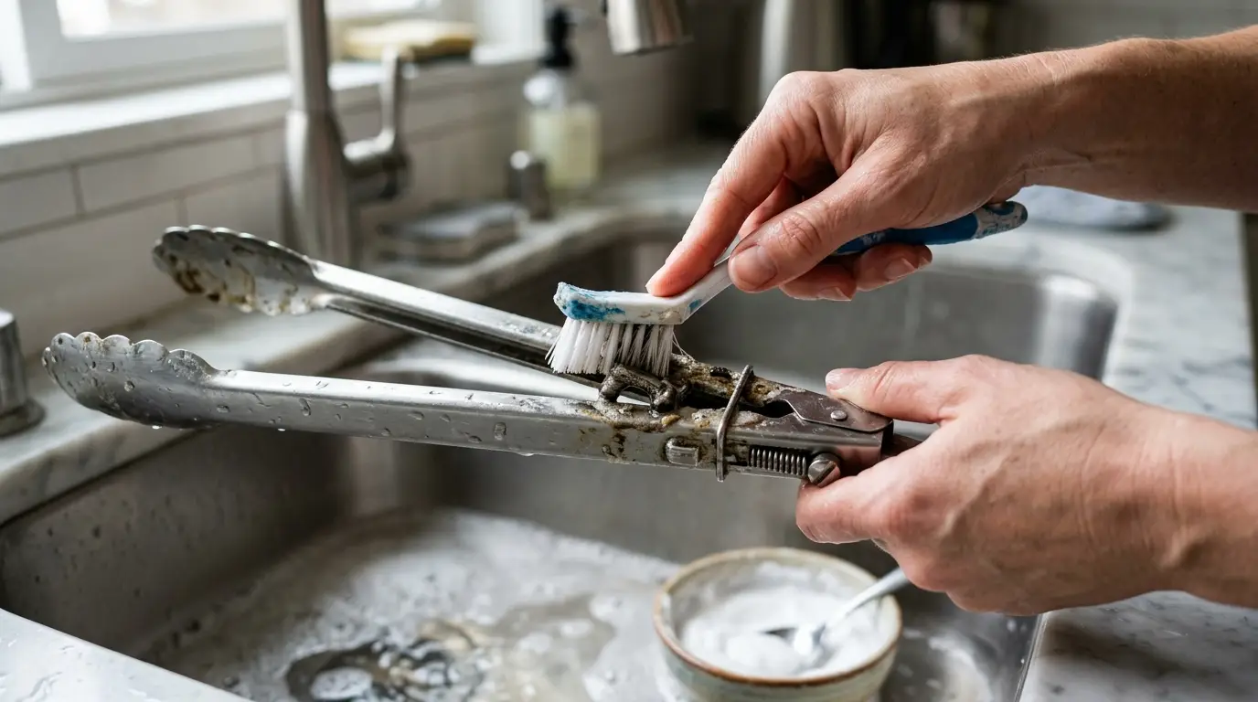 Hands scrubbing baked-on grease from the hinge and scalloped tips of stainless steel kitchen tongs with a small brush.