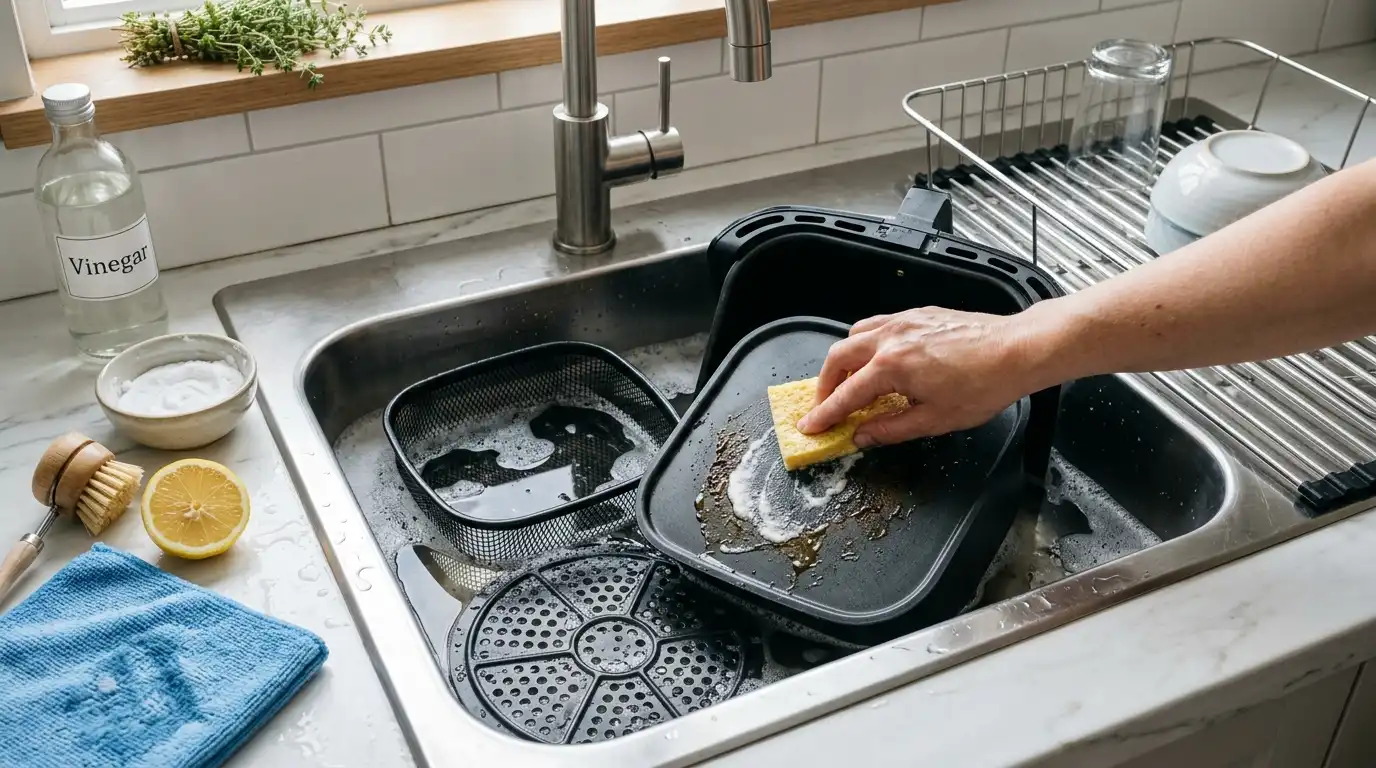 An air fryer basket and crisper plate soaking in warm soapy water while baking soda paste is applied to stuck grease.