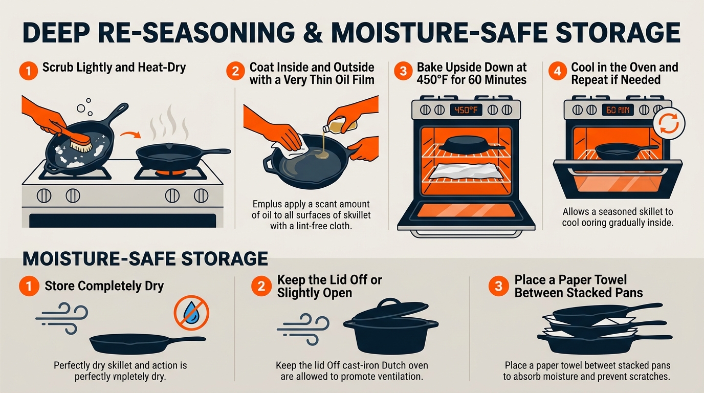 A guide showing light scrubbing, thin oil application, upside-down oven seasoning, cooling, and moisture-safe cast-iron storage.