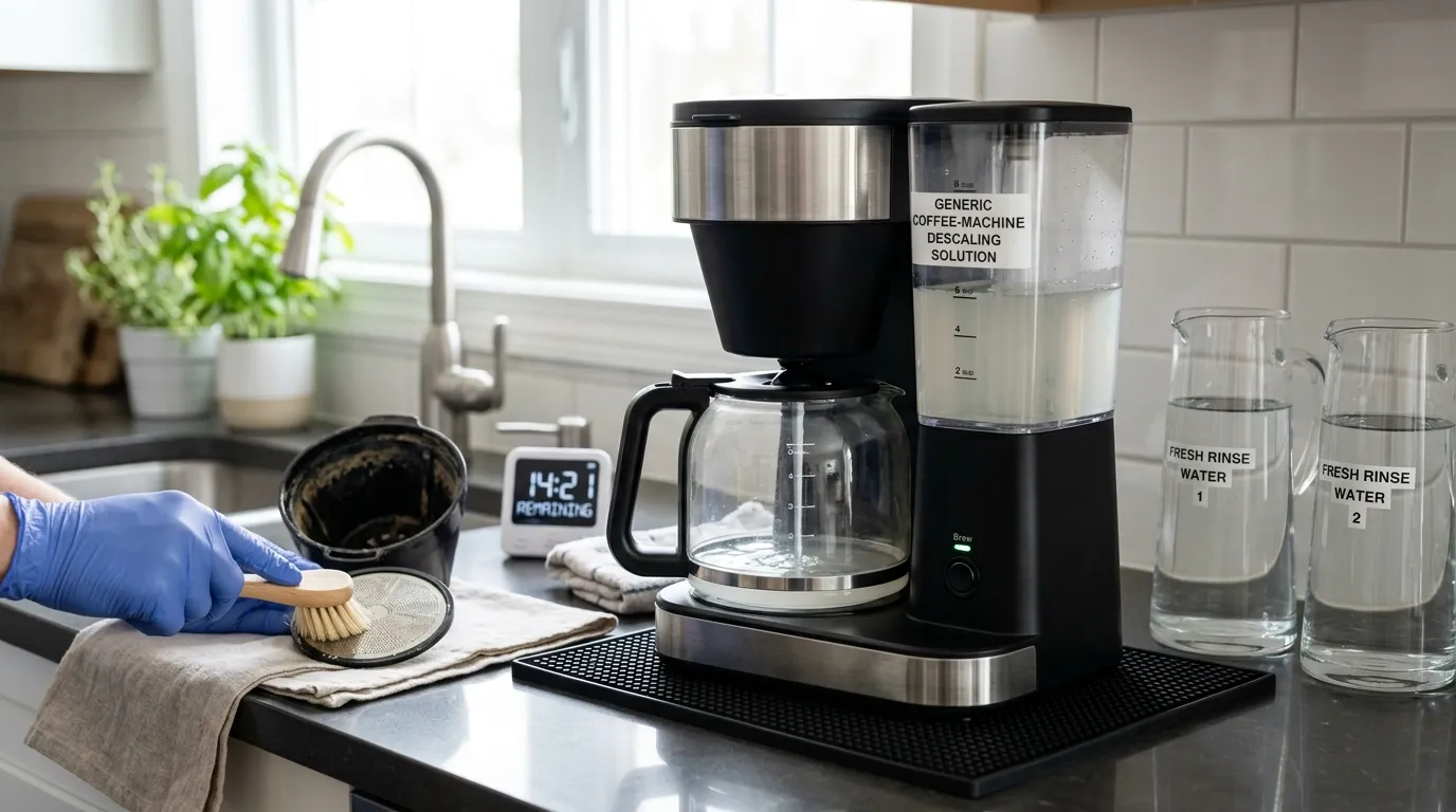 A coffee maker being descaled safely with a labeled descaling solution while the brew basket, shower screen, and water reservoir are cleaned.