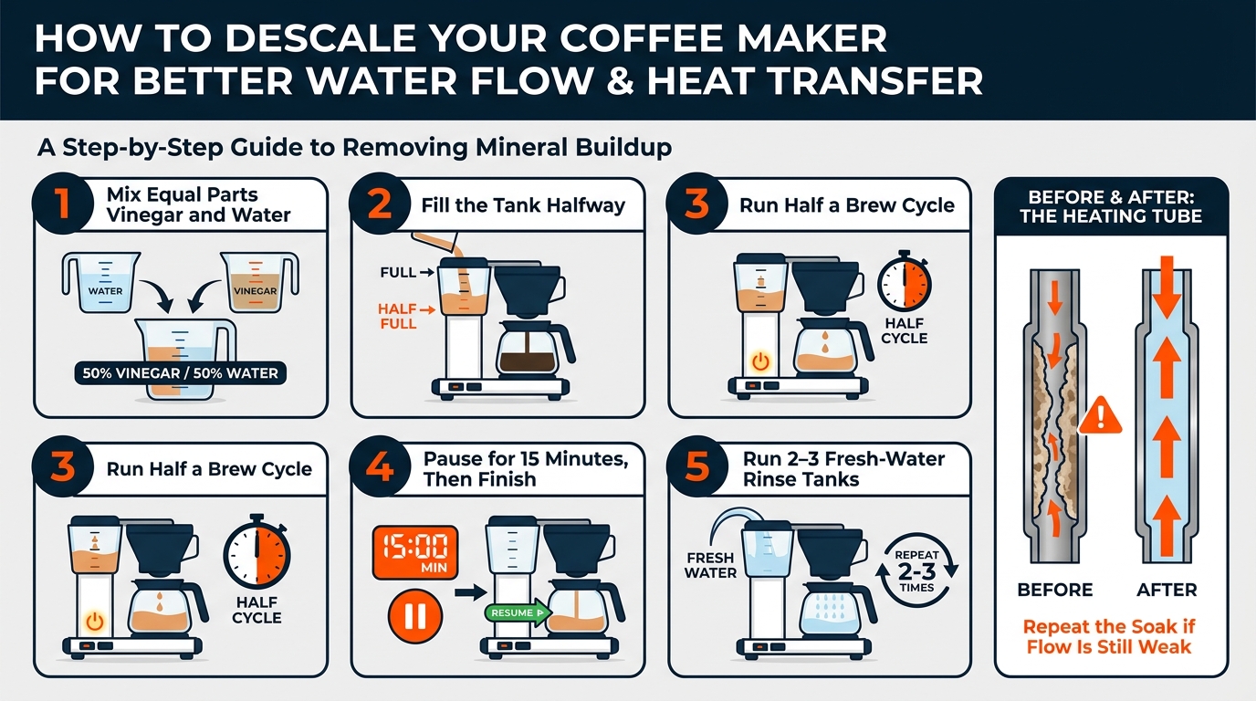 A five-step descaling process using equal parts white vinegar and water, a soaking pause, and multiple fresh-water rinse cycles.