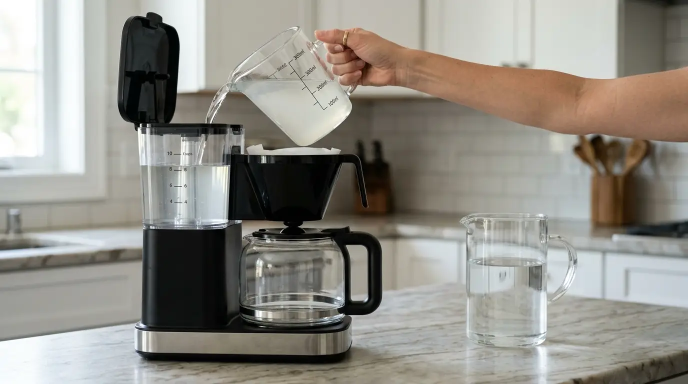 Descaling solution being added to a drip coffee maker reservoir before a water-only cleaning cycle.