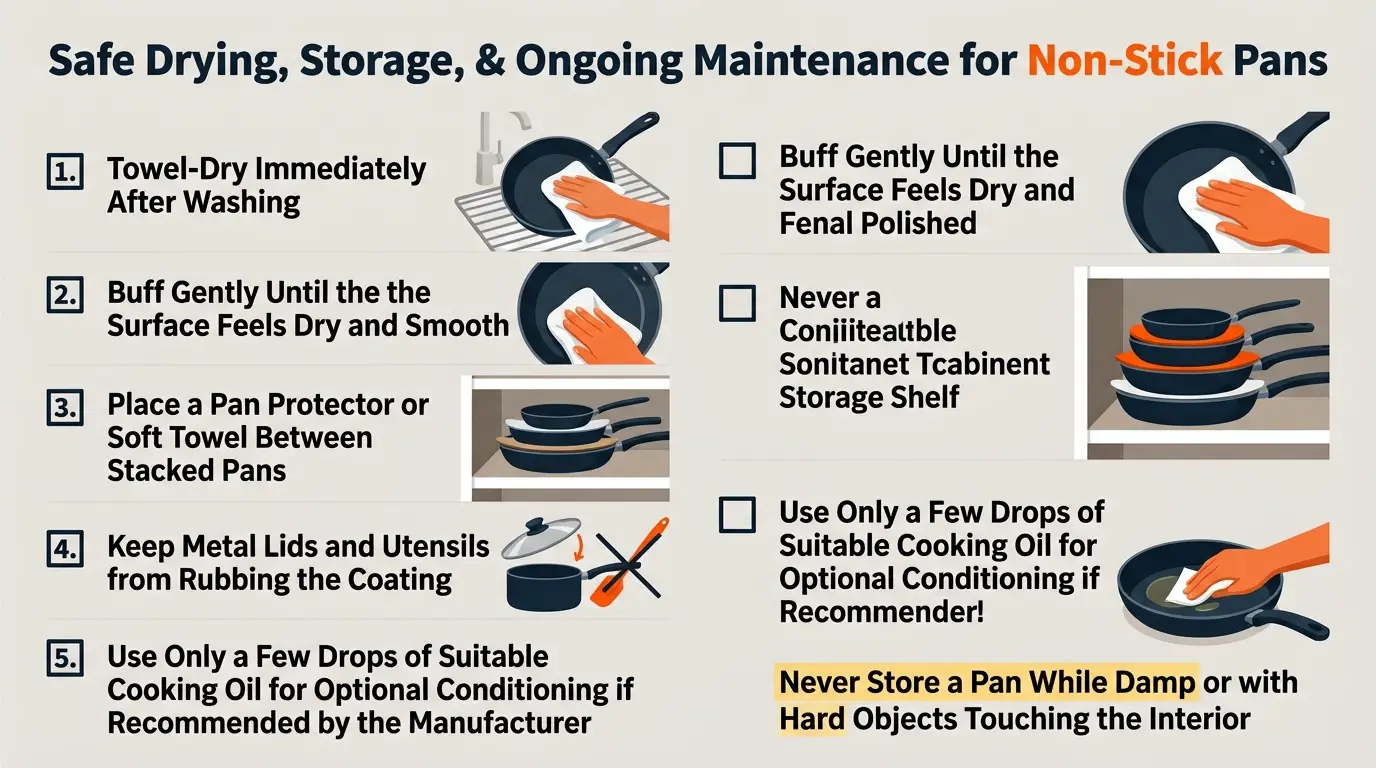 A non-stick cookware care guide showing immediate towel drying, protected stacking, gentle storage, and optional light oil conditioning.