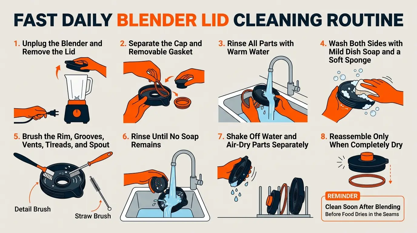 A step-by-step guide showing unplugging, disassembly, rinsing, gentle scrubbing, groove cleaning, rinsing, air-drying, and dry reassembly.