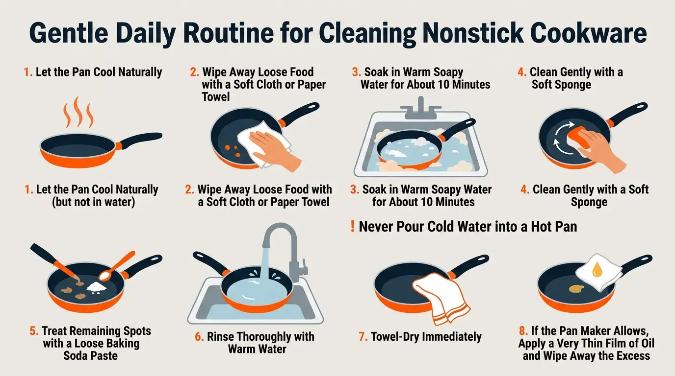 A step-by-step guide showing cooling, wiping, soaking, soft-sponge cleaning, baking soda spot treatment, rinsing, drying, and optional light conditioning.