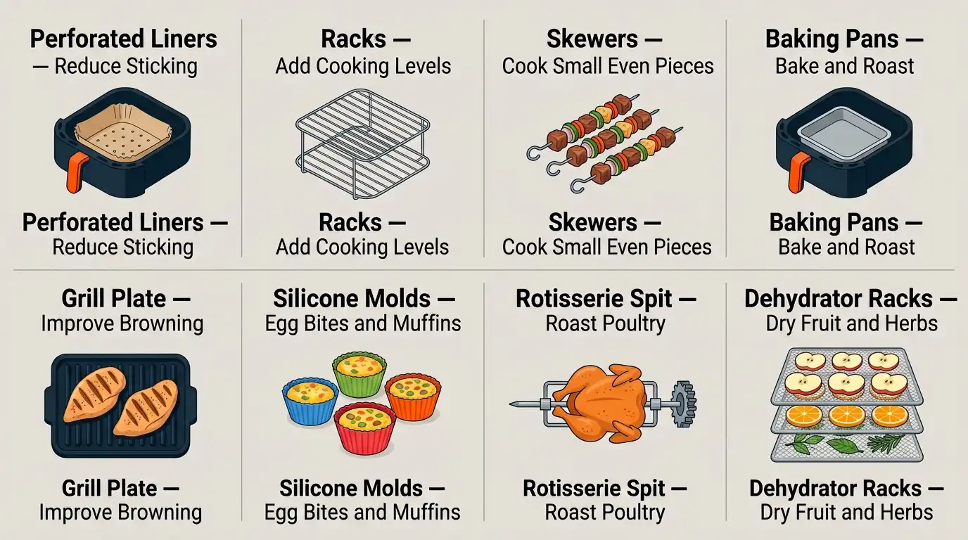 A labeled guide showing liners, racks, skewers, pans, silicone molds, grill plates, rotisserie tools, and dehydrator racks for an air fryer.