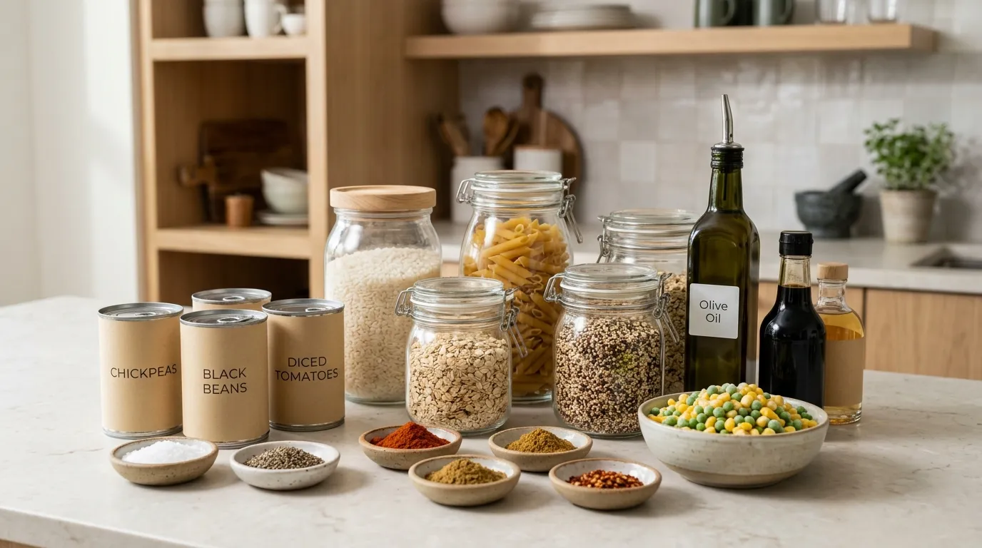 Everyday cooking staples including rice, pasta, canned beans, tomatoes, olive oil, spices, and frozen vegetables