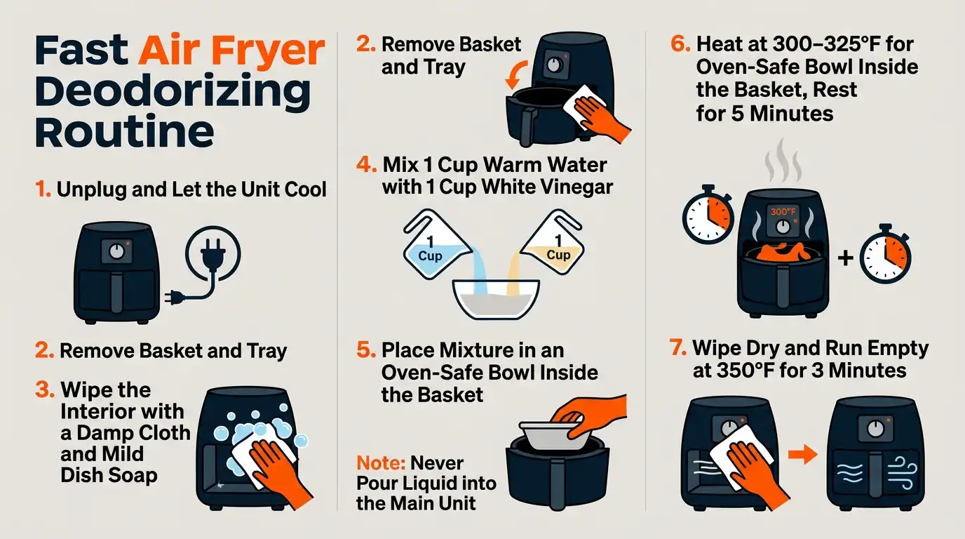 A quick deodorizing method using a soapy wipe, diluted vinegar steam, resting time, drying, and a short empty heat cycle.