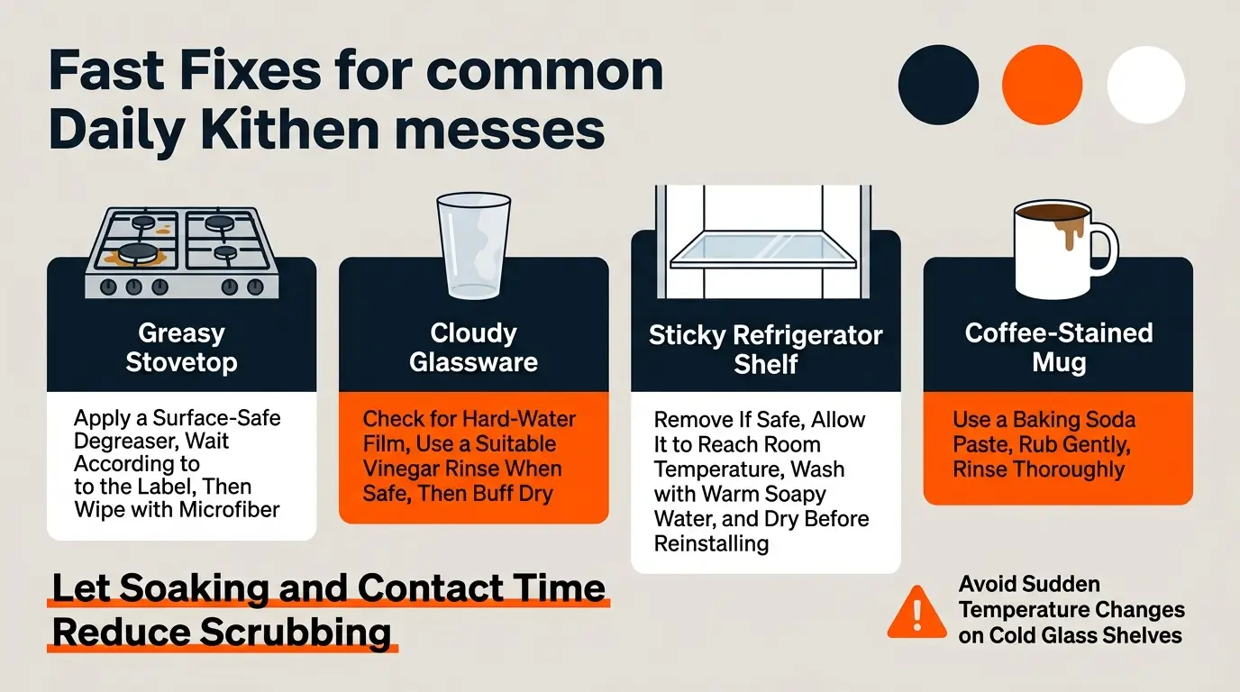 A quick-cleaning guide for stovetop grease, cloudy glasses, sticky refrigerator shelves, and coffee-stained mugs.