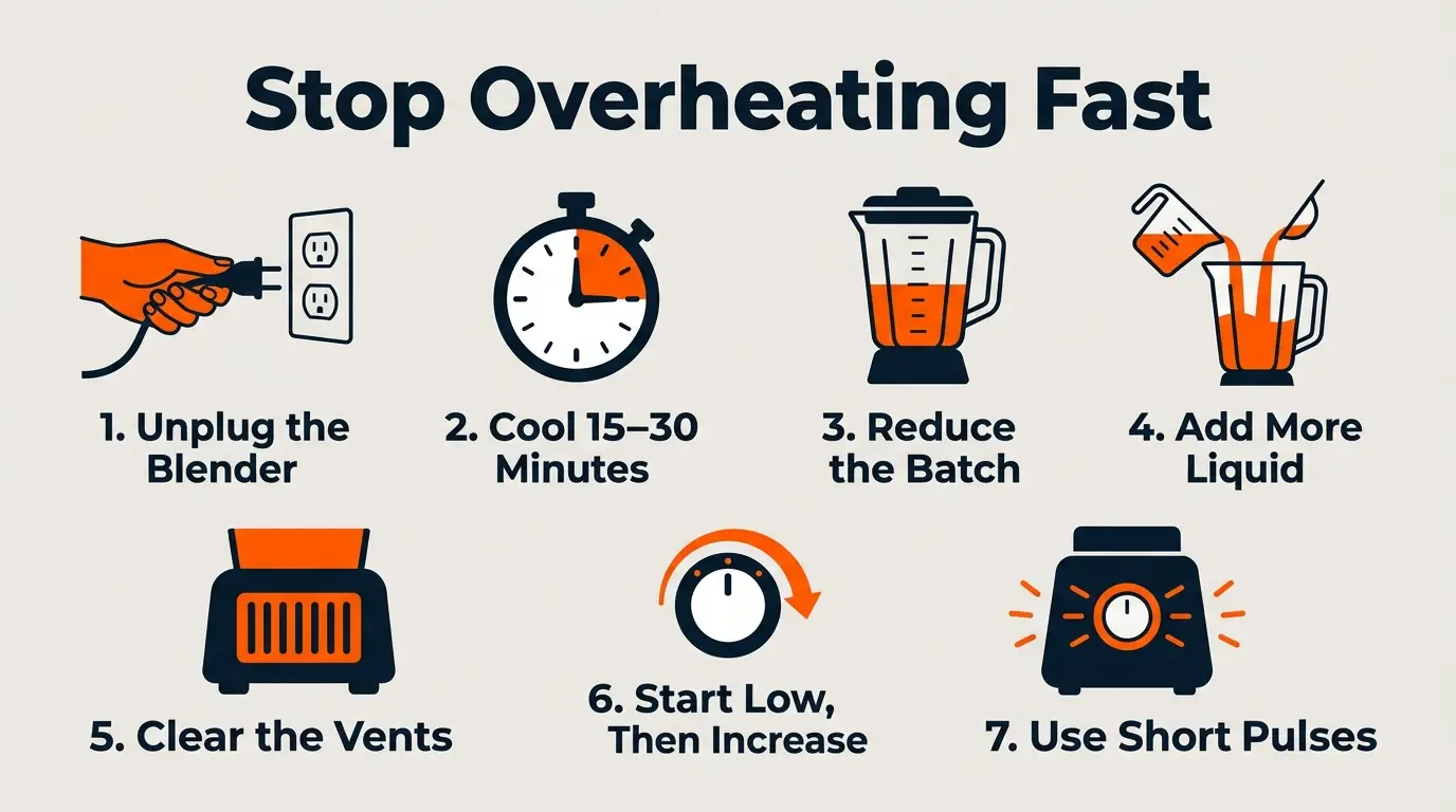 Step-by-step infographic showing how to unplug, cool, reduce the batch, add liquid, clear vents, and use pulse mode.