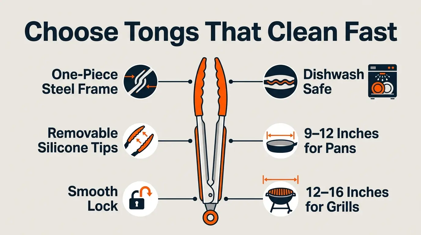 Buying guide infographic highlighting one-piece steel, removable silicone tips, a simple lock, moderate scallops, and dishwasher-safe construction.