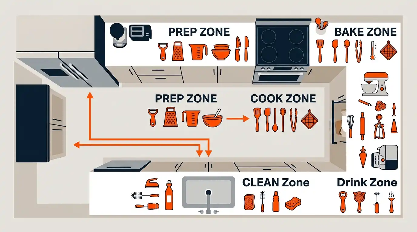 A kitchen layout showing prep, cooking, baking, drink, and cleaning gadget zones positioned near their related work areas.