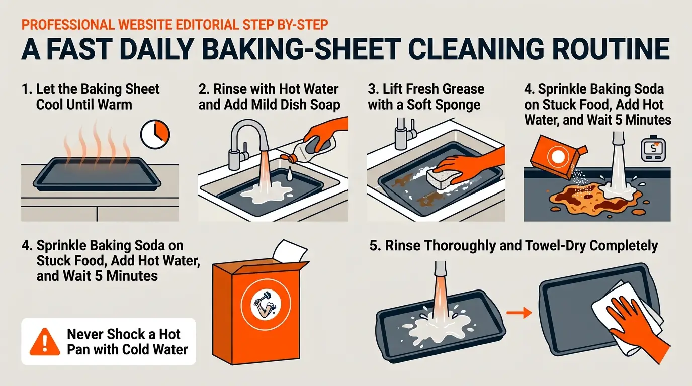 A daily cleaning guide showing safe cooling, hot-water rinsing, gentle washing, baking soda spot treatment, and towel drying.