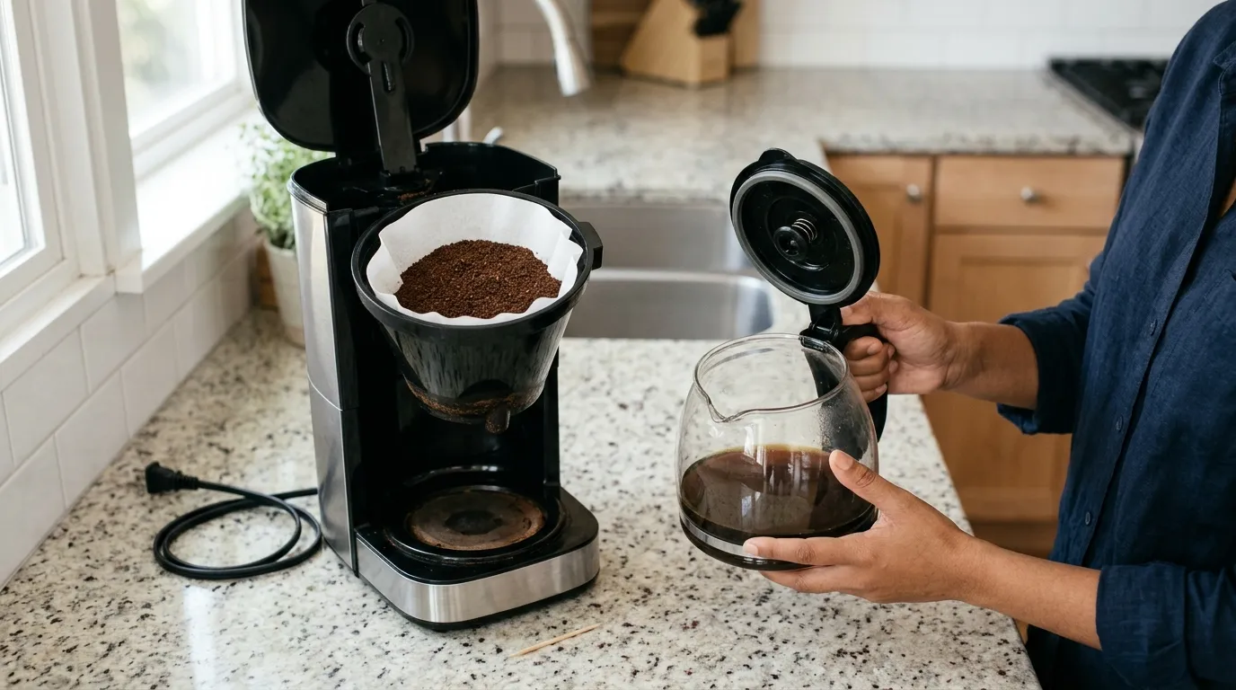 Coffee maker brew basket and carafe being checked for overflow, filter fit, and drip-stop problems