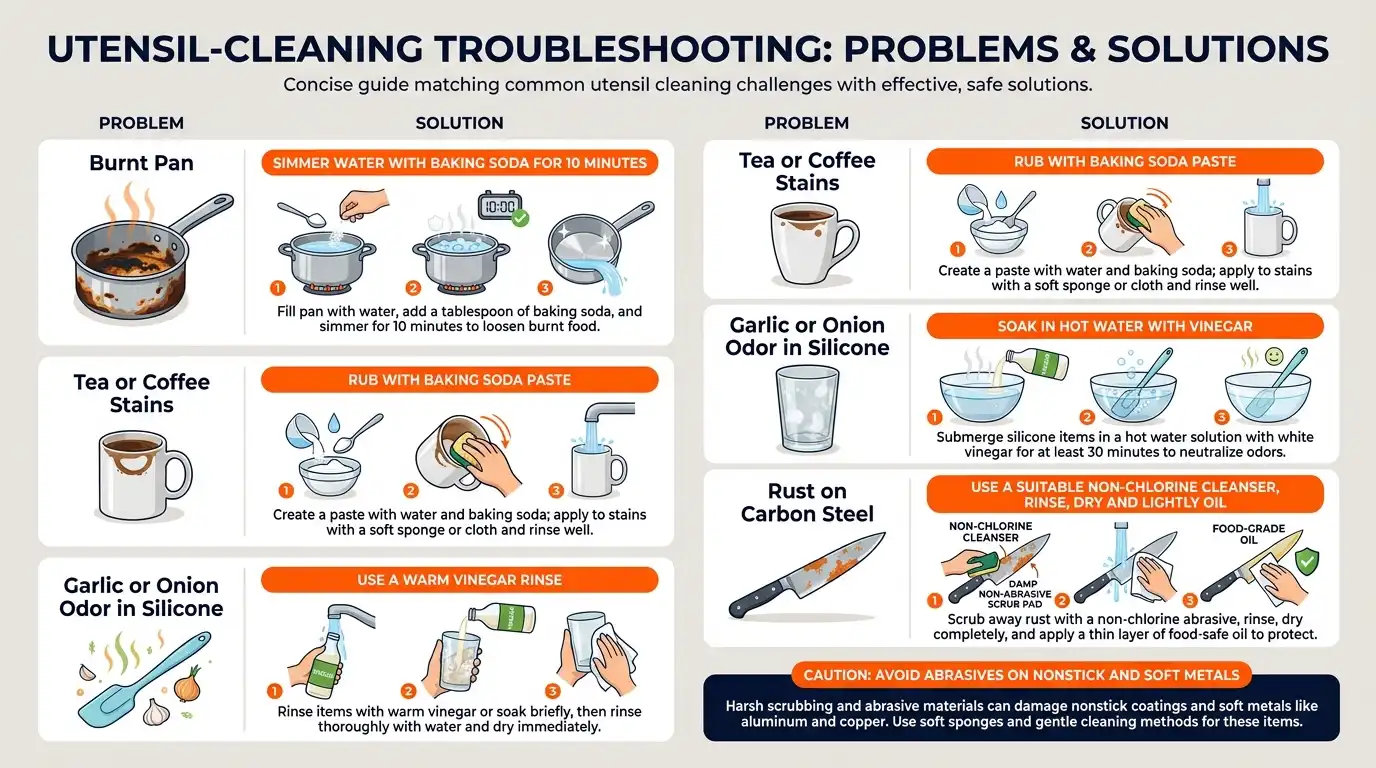 A troubleshooting guide for burnt pans, tea stains, silicone odors, hard-water spots, and rust on carbon steel.