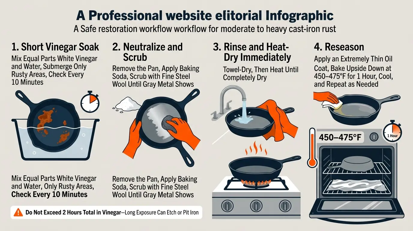 A step-by-step guide showing a short diluted-vinegar soak, steel-wool scrubbing, immediate heat drying, and thin oven-seasoning coats.