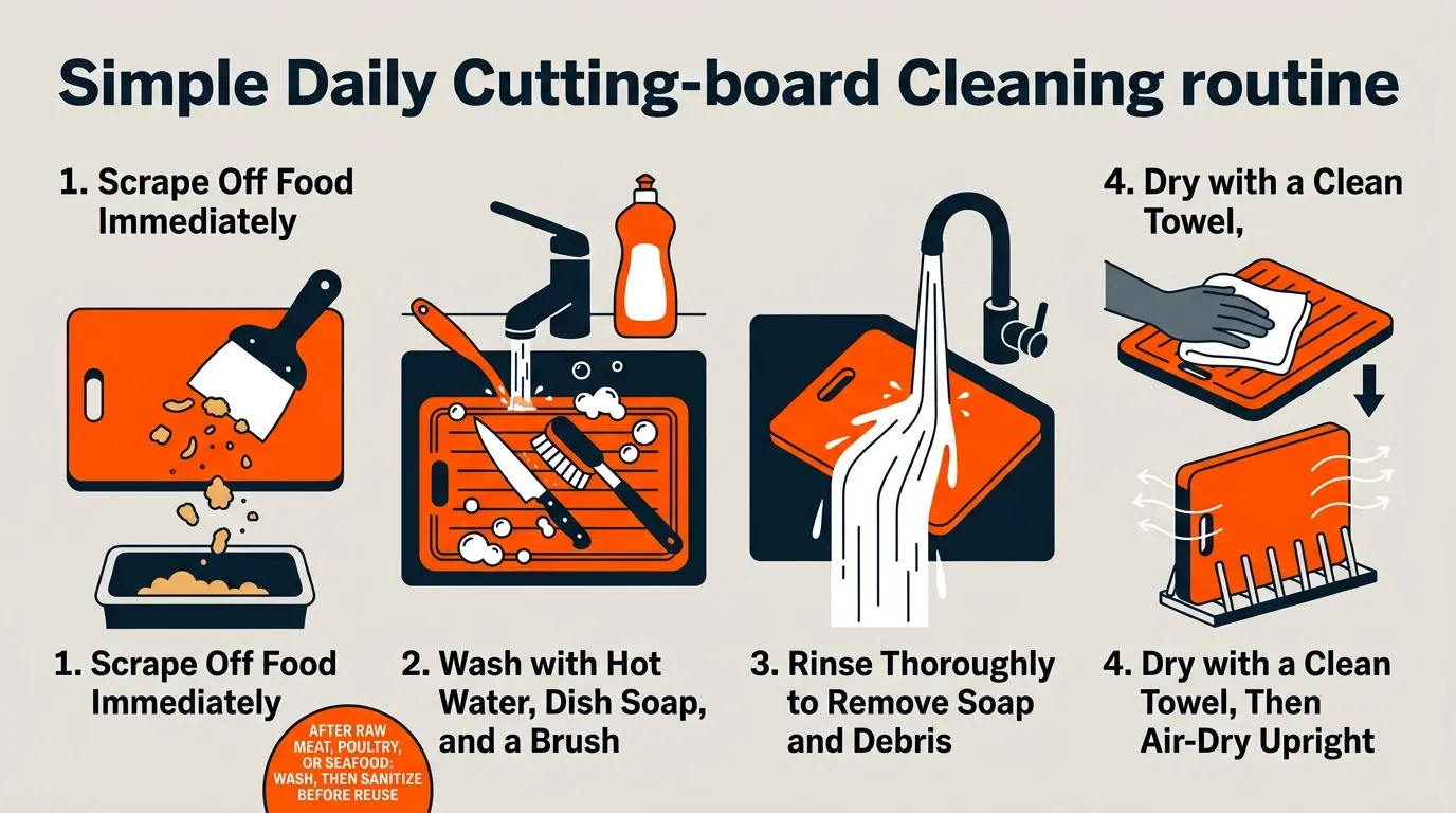 A four-step guide showing scraping, hot soapy washing, rinsing, towel drying, and upright air-drying.