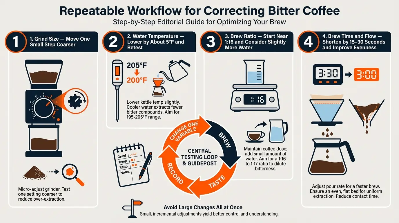 A step-by-step workflow showing coarser grinding, lower water temperature, adjusted brew ratio, and shorter brew time.
