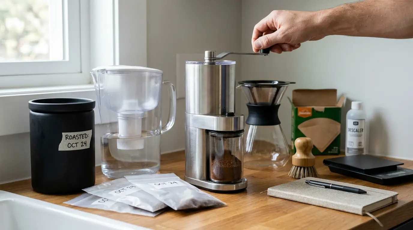 Fresh whole coffee beans, filtered water, a clean grinder, and spotless brewing equipment arranged for smoother coffee.