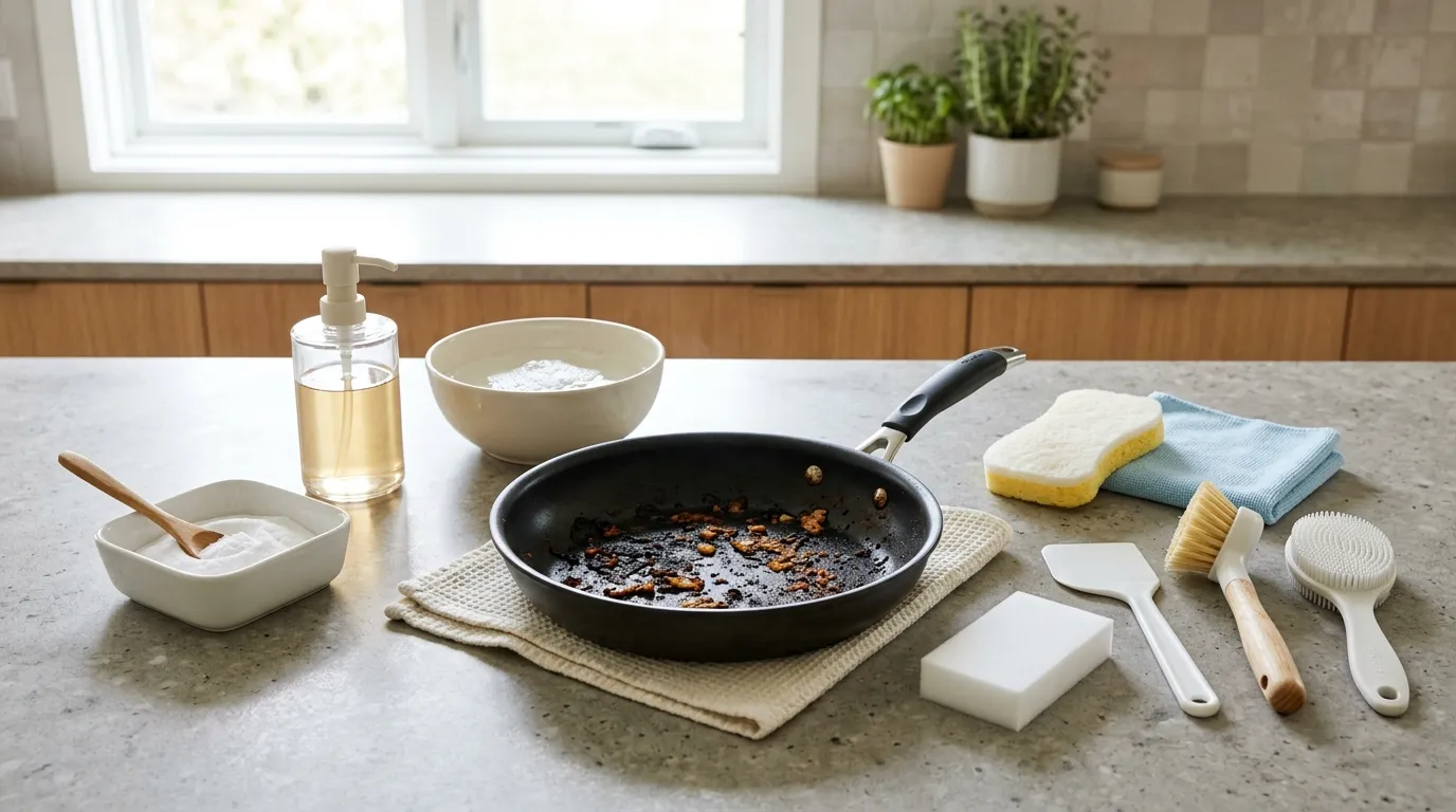 Soft sponge nylon brush plastic scraper baking soda and dish soap arranged for gentle nonstick pan cleaning