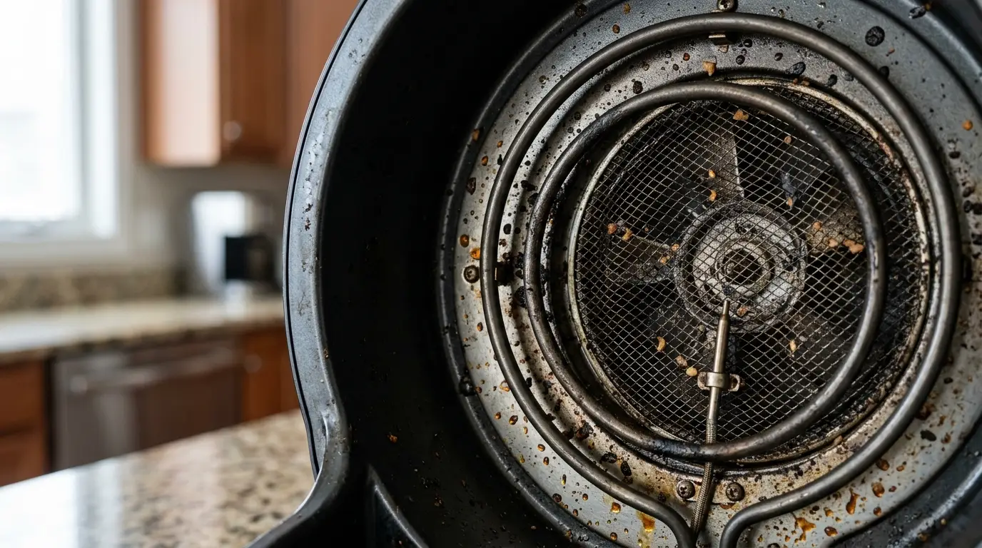 An air fryer heating element and fan guard with realistic baked-on grease, crumbs, and dark food splatter before cleaning.