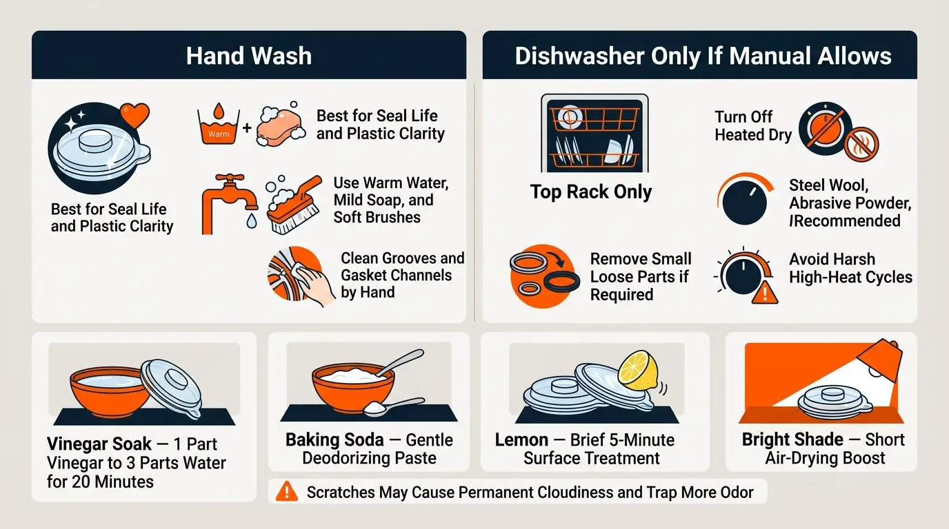 A comparison of hand washing and top-rack dishwasher cleaning with odor and cloudy-plastic treatments for blender lids.