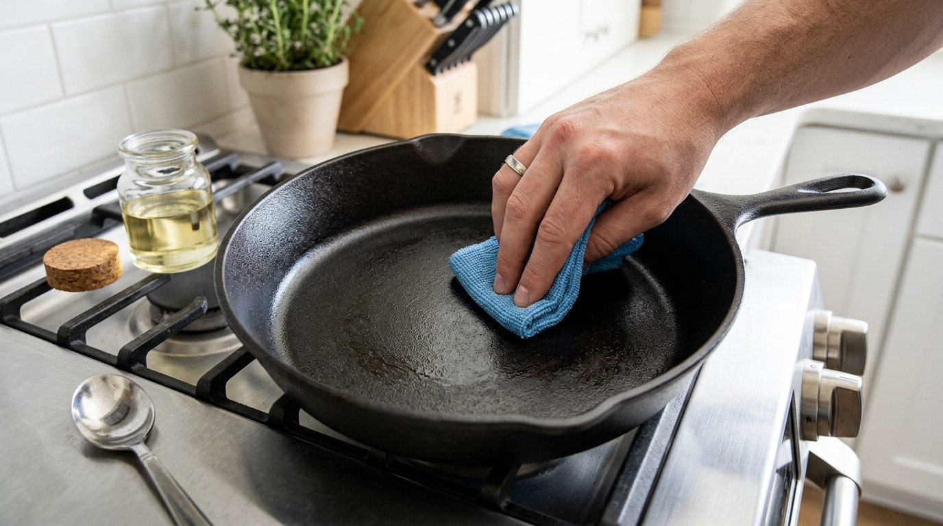A completely dry cast-iron skillet receiving a very thin coat of neutral oil with a lint-free cloth.
