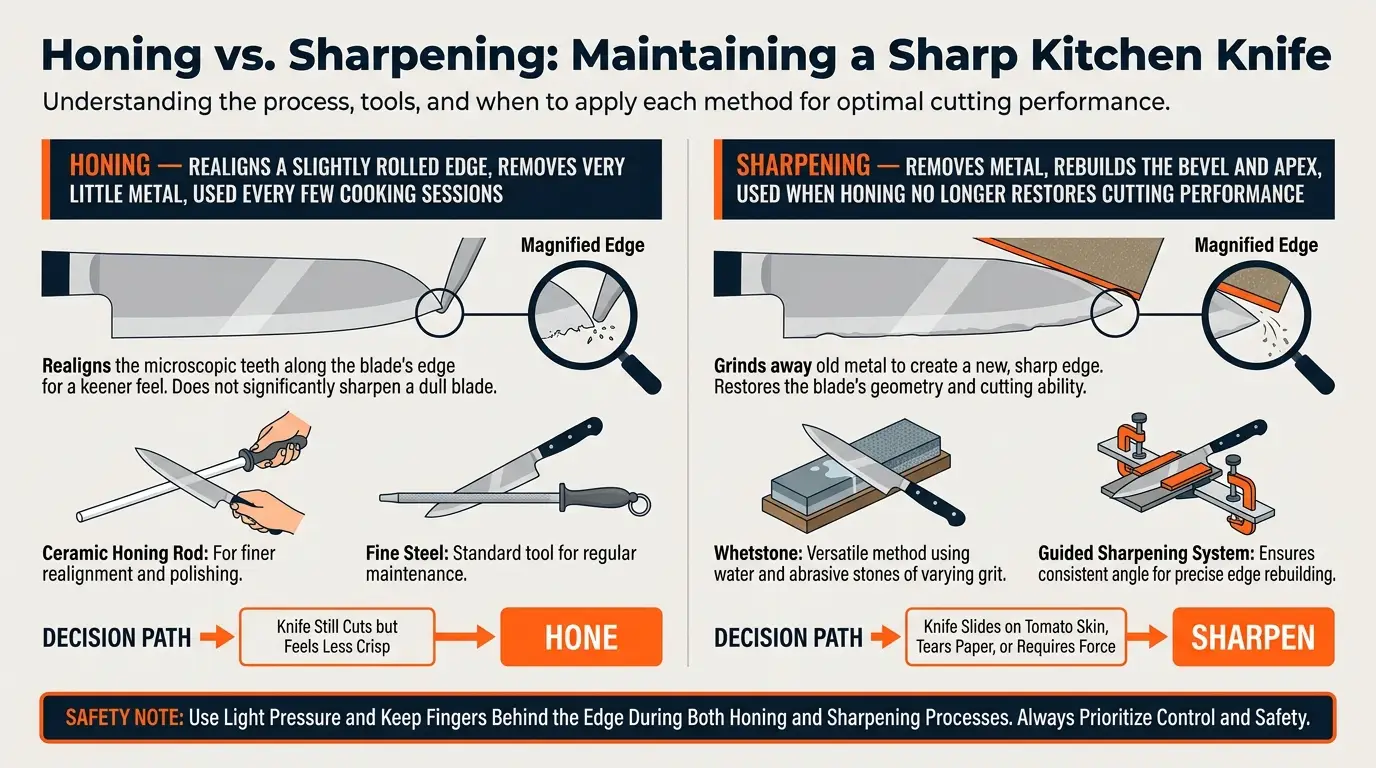 A comparison showing how honing realigns a slightly rolled edge while sharpening removes metal to create a new apex.