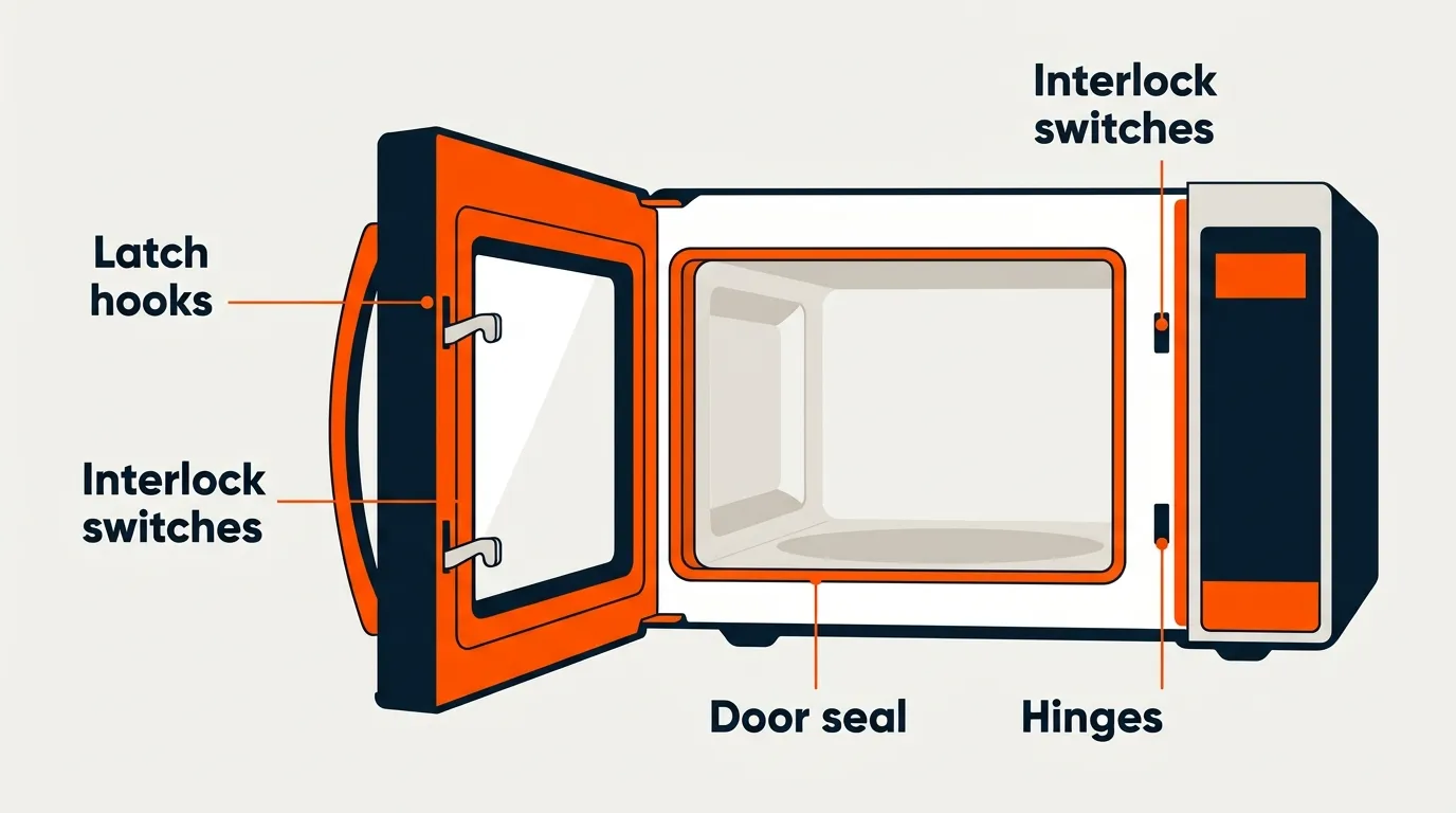 Microwave door latch hooks aligning with the interlock area and perimeter seal
