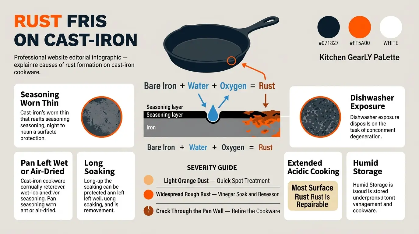 An infographic showing how moisture, oxygen, damaged seasoning, acidic foods, soaking, dishwashers, and air drying cause cast iron to rust.