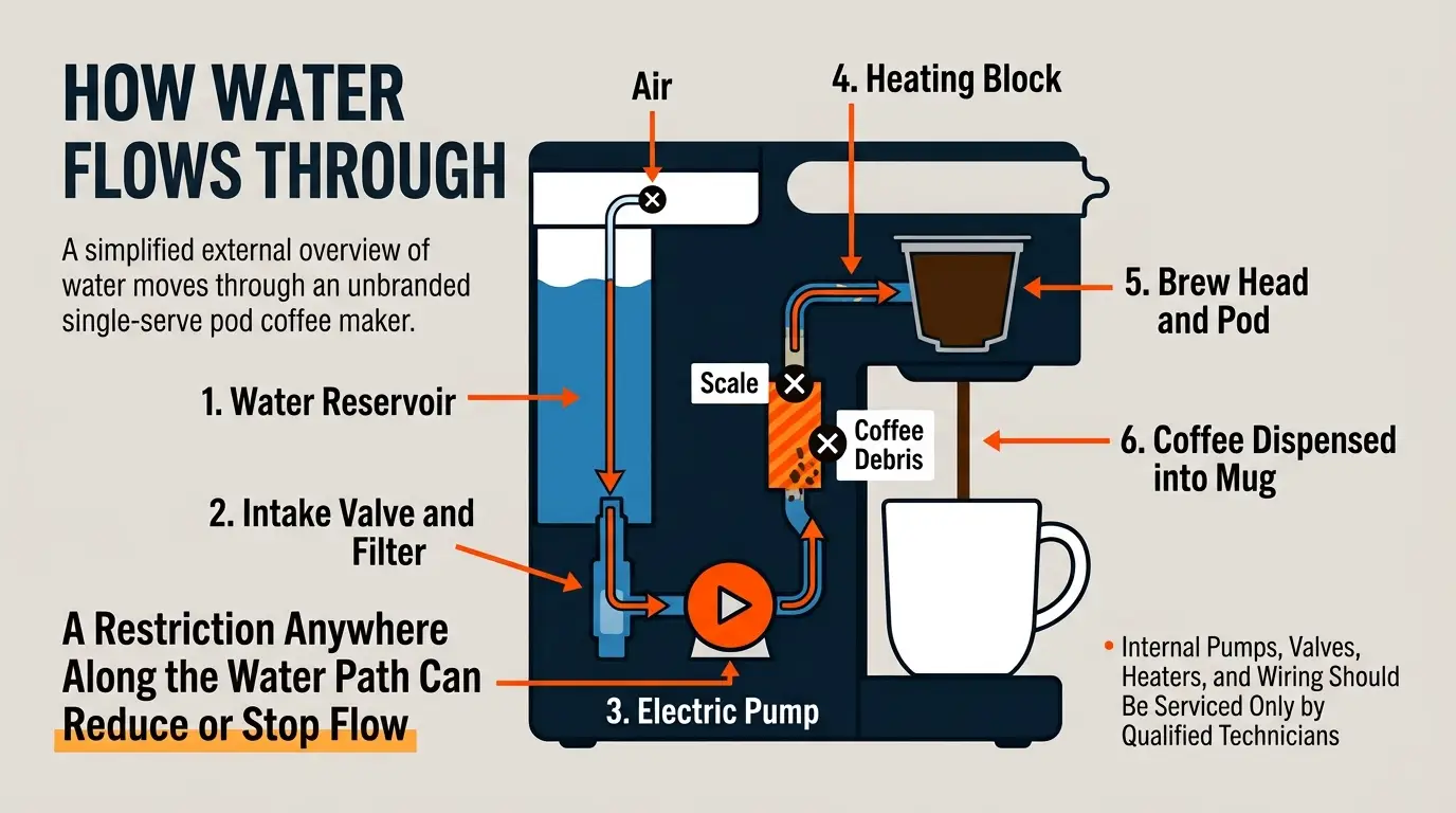 A simplified diagram showing water moving from the reservoir through the intake, pump, heater, brew head, pod, and mug.