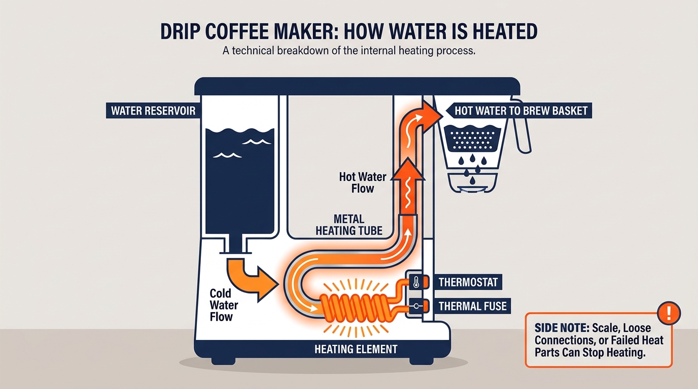A labeled diagram showing the water tank, heating tube, heating element, thermostat, thermal fuse, and hot-water path inside a drip coffee maker.