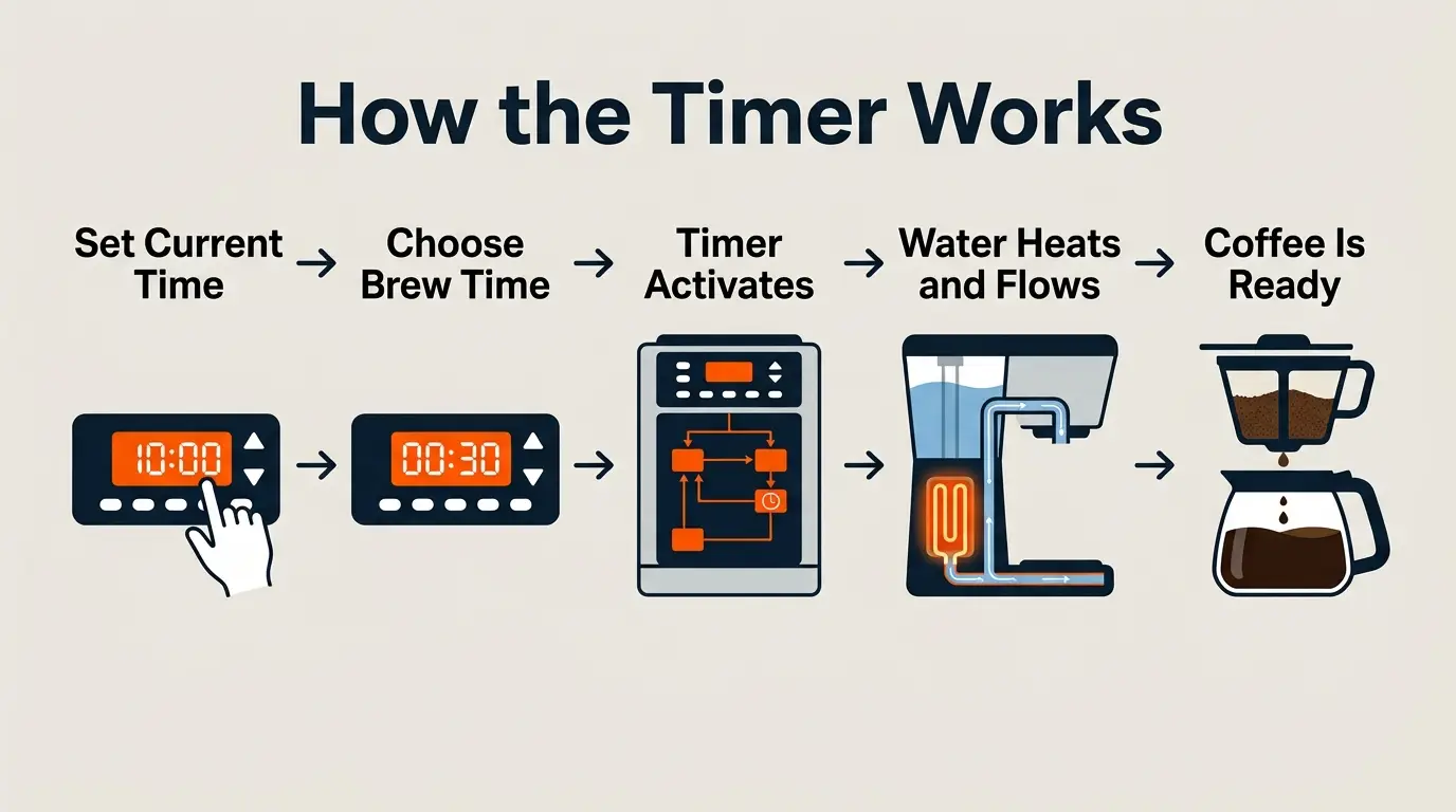 Infographic showing how a coffee maker clock activates the heater and water flow at a scheduled brew time.
