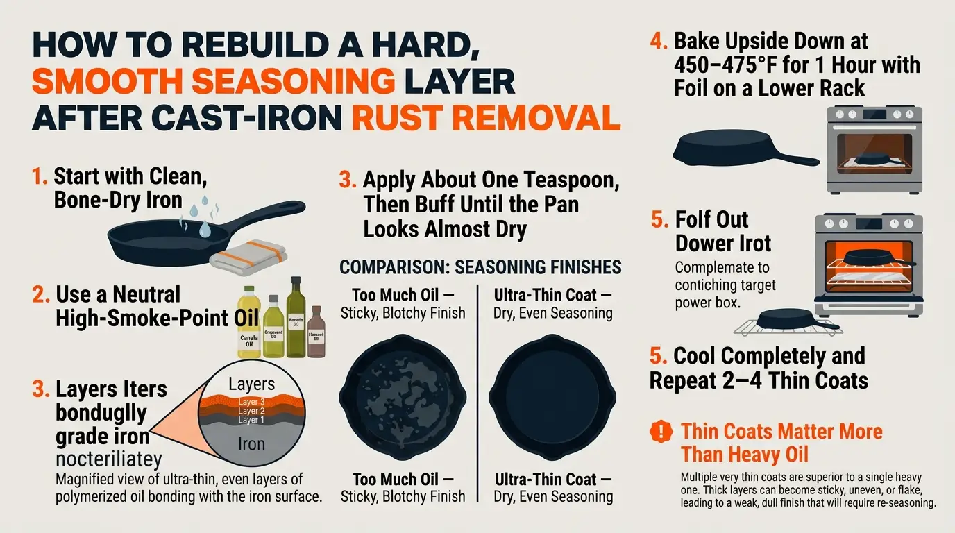 An infographic showing very thin oil coats, high oven heat, upside-down baking, cooling, and repeated seasoning layers.