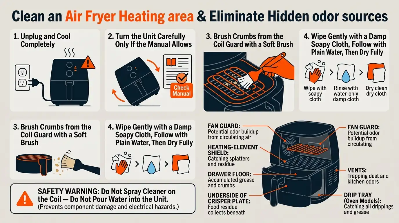 A safety guide showing how to brush crumbs, wipe the coil guard, clean hidden grease, and dry the air fryer fully.
