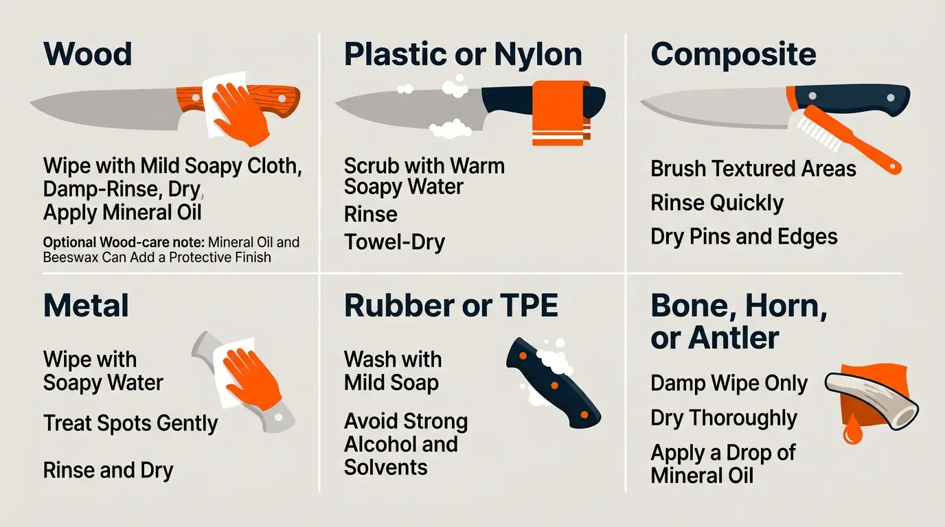 A step-by-step guide for cleaning wood, plastic, composite, metal, rubber, bone, and horn knife handles.