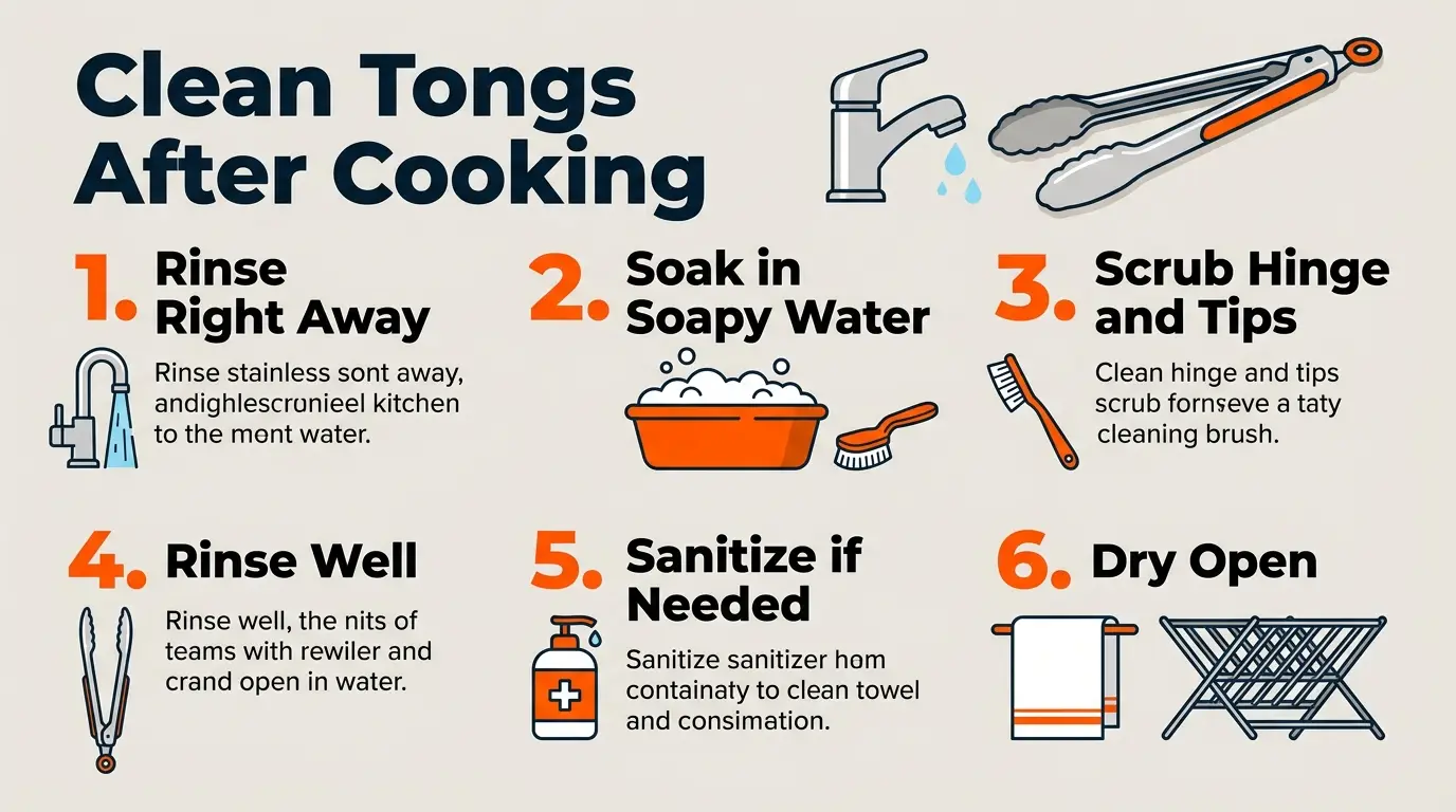 Step-by-step infographic showing how to rinse, soak, scrub, sanitize, dry, and store kitchen tongs.