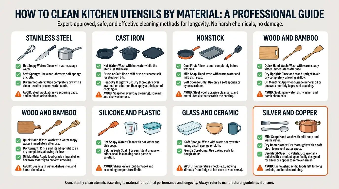 A material guide for cleaning stainless steel, cast iron, nonstick, wood, silicone, plastic, glass, ceramic, silver, and copper utensils.