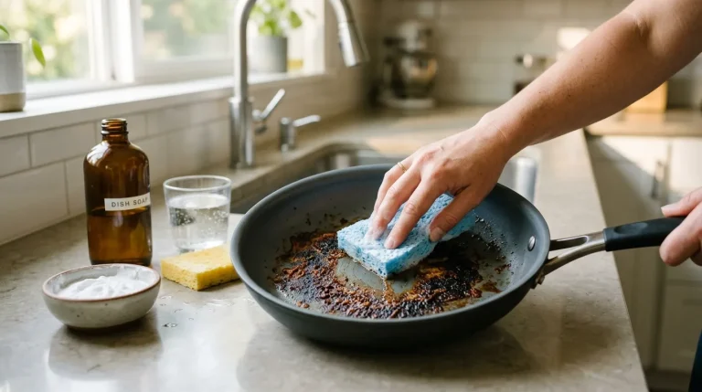 Burnt nonstick pan being gently cleaned with baking soda paste and a soft sponge in a modern kitchen