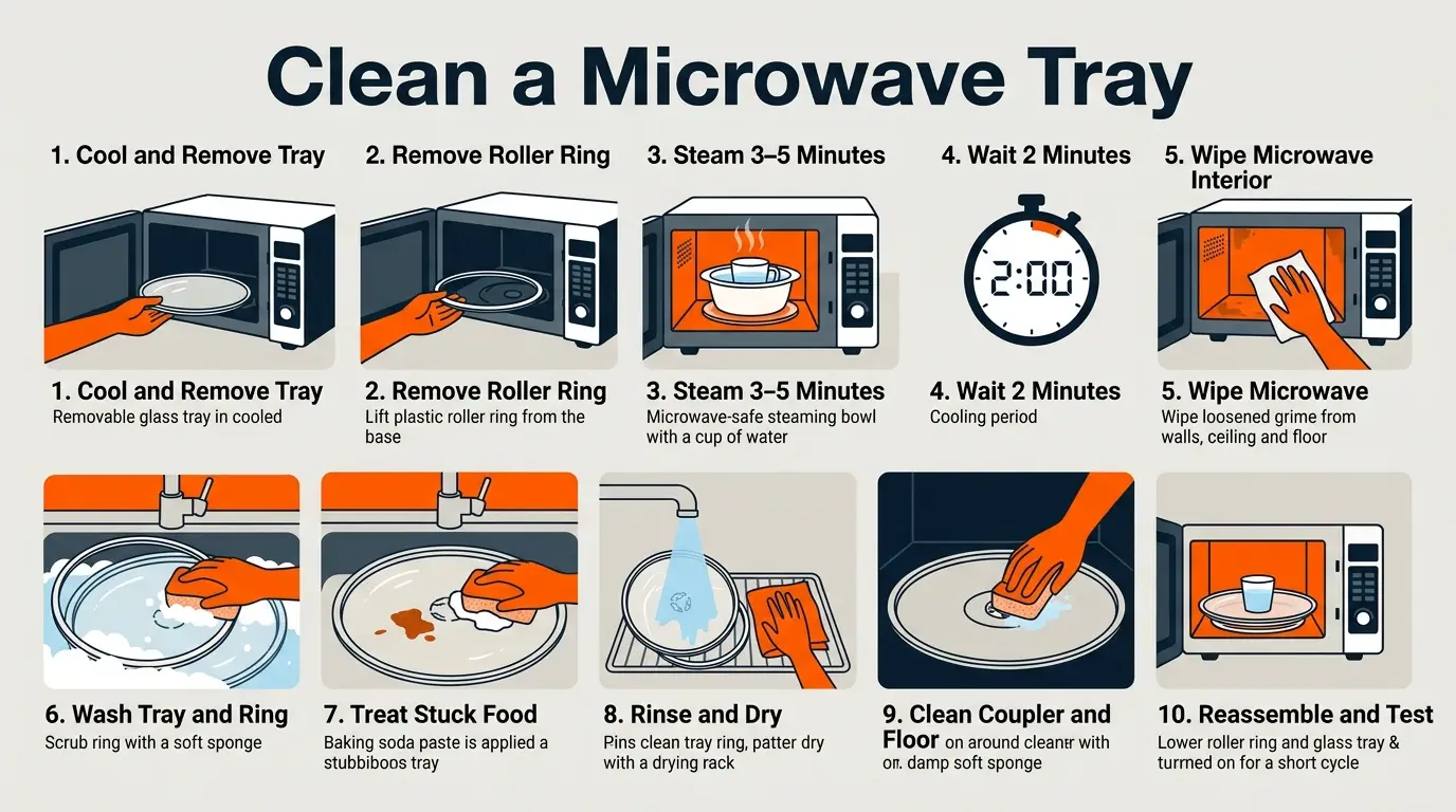 Step-by-step infographic showing how to steam, wash, scrub, dry, and reassemble a microwave tray and roller ring.