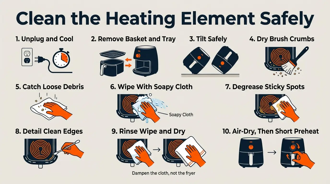 Step-by-step infographic showing how to unplug, cool, brush, wipe, rinse, dry, and test an air fryer heating element.