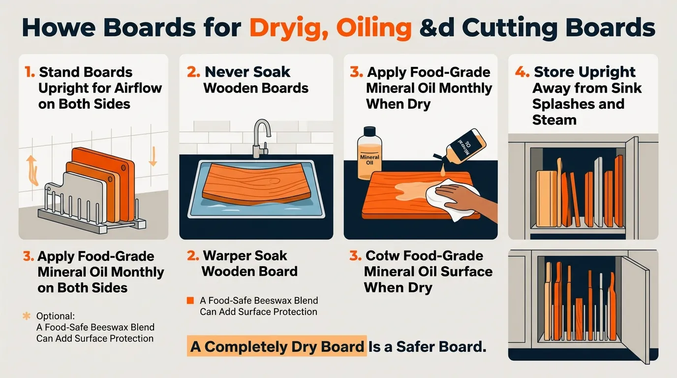 A guide showing upright drying, avoiding soaking, monthly mineral-oil treatment, and dry storage away from sink splashes.