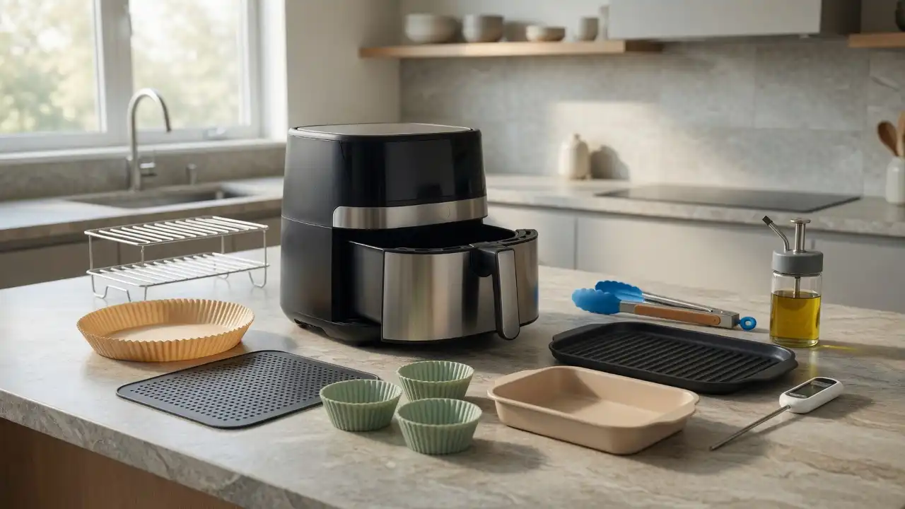 An open air fryer surrounded by a rack, perforated liner, silicone cups, grill plate, baking pan, tongs, and an oil mister.
