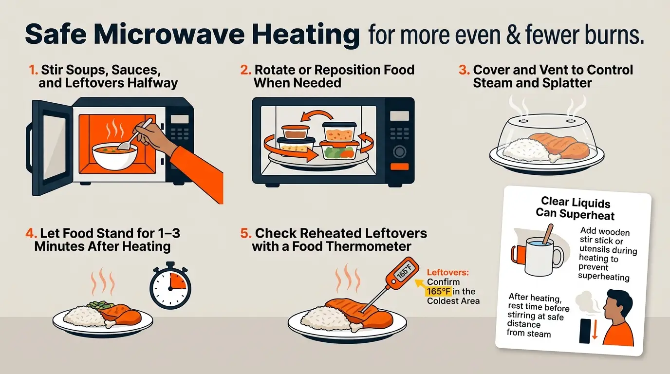 A microwave safety guide showing stirring, venting, standing time, temperature checks, and precautions for superheated liquids.