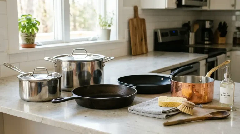 Clean stainless steel, cast iron, copper, and nonstick cookware arranged for daily maintenance