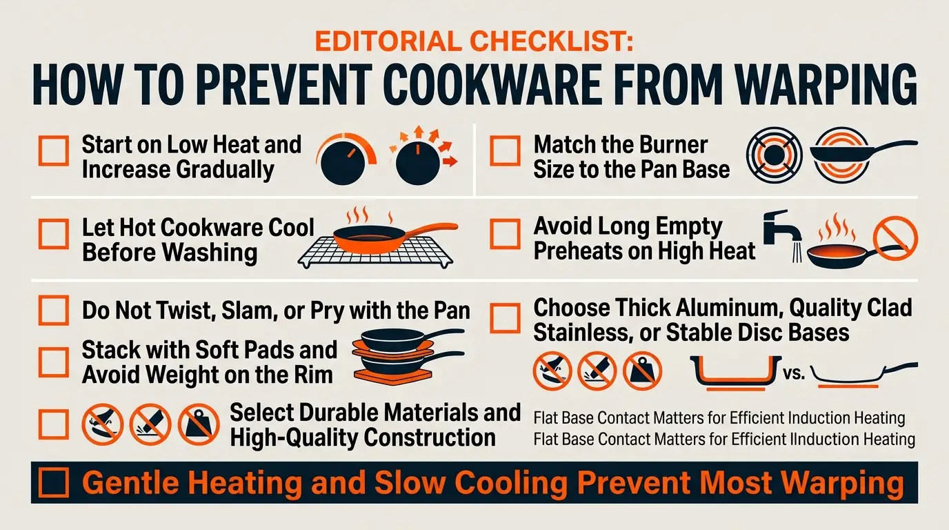 A prevention checklist showing gradual heating, correct burner size, slow cooling, safe preheating, padded storage, and thicker cookware construction.