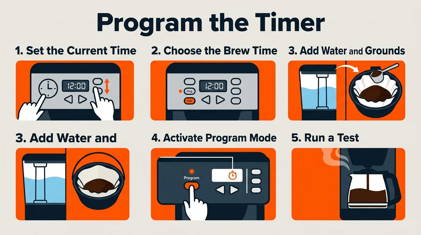 Step-by-step infographic showing how to set the clock, choose a brew time, load water and coffee, activate the timer, and test the schedule.