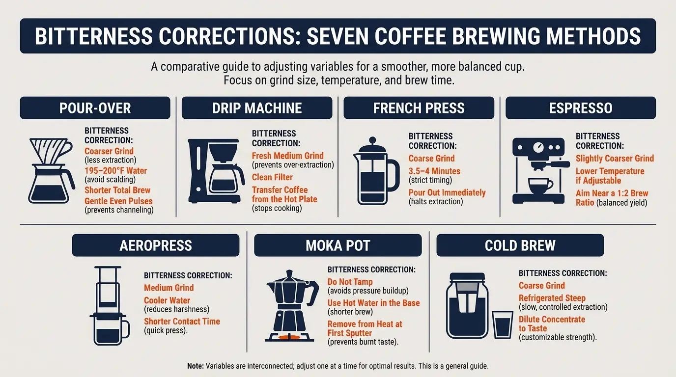 A comparison of bitterness fixes for pour-over, drip, French press, espresso, AeroPress, moka pot, and cold brew.